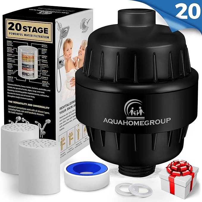 AquaHomeGroup 20 Stage Shower Filter with Vitamin C E for Hard Water - High Output Shower Water Filter to Remove Chlorine and Fluoride - 2 Cartridges Included -Consistent Water Flow Showerhead Filter