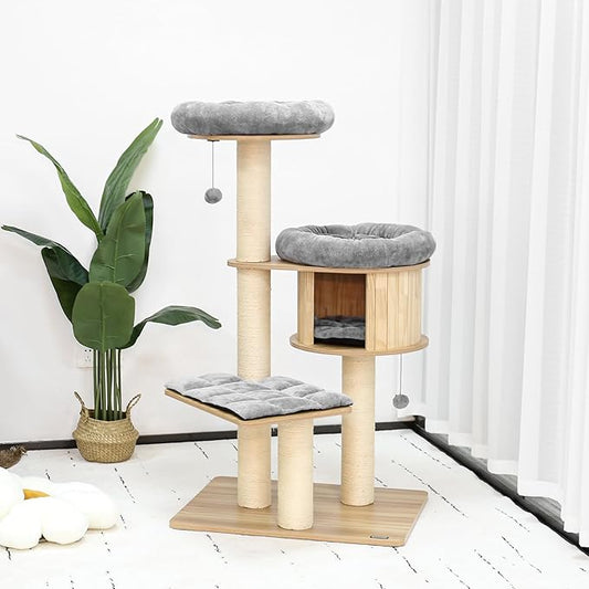 KAMABOKO 58.6" Modern Cat Tree, Wood Cat Tree w/ 4.7" Large Dia Sisal Scratching Posts, Heavy-Duty Cat Trees for Large Cats with Condo, Cushions for Cats Climb Scratch Play Rest