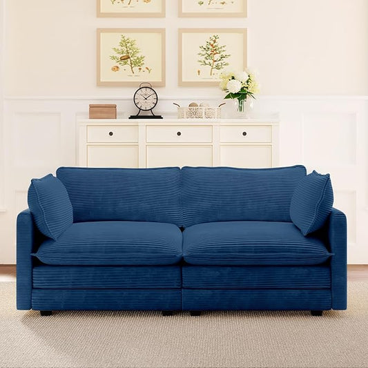 ROWHY 78'' Sectional 2 Seat Cloud Loveseat with 2 Throw Pillows, Modern Corduroy Love Seat, Convertible Cozy Sofa for Living Room, Bedroom and Office, Blue