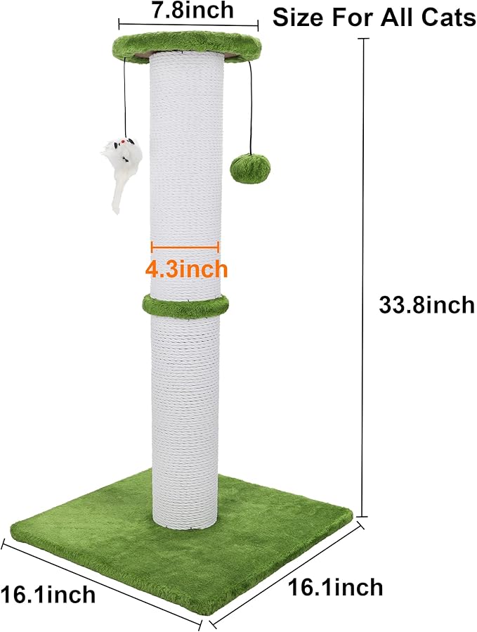 Cat Scratching Post 34 Inches Heavy Duty and Thicker Cat Scratching Post Sisal Rope with Hanging Ball and Mice Scratching Post for Indoor Cats and Adult(Bright Green)