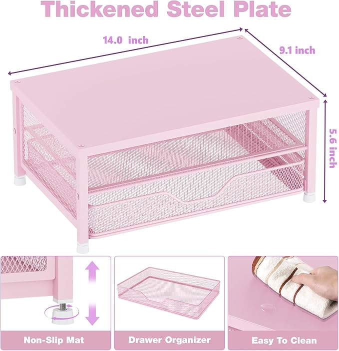 Computer Monitor Stand Riser, Desk Organizers and Accessories with Drawer, Laptop Stand, Office Desk Accessories & Workspace Desktop Organizers Storage for Office Supplies(Pink)