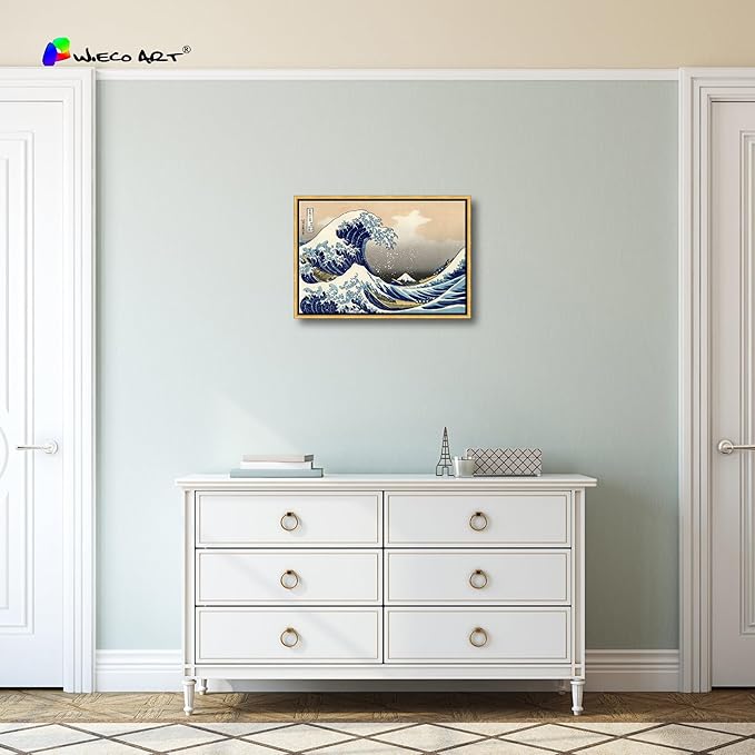 Wieco Art Framed Art Great Wave of Kanagawa Katsushika Hokusai Giclee Canvas Prints Wall Art Abstract Seascape Paintings for Home Living Room Decorations Bronze Gold Frame