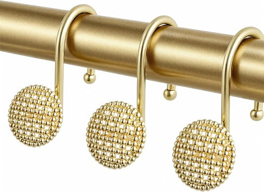 Pearlbee Gold Shower Curtain Hooks, Rustproof Shower Curtain Rings for Bathroom, Metal Shower Hooks for Shower Curtain Rod, Modern Decorative Shower Curtain Hangers Set of 12, Round Heavy Duty Design