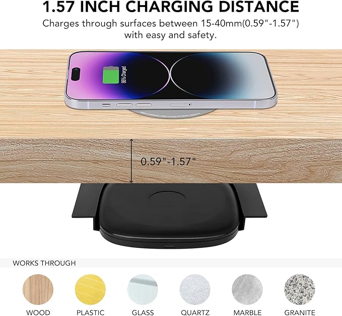 1.57"(40mm) NiiTTER Invisible Wireless Charger, Under Desk Wireless Charger, Under Counter Charging for iPhone 17/16/15/14/13/12/ Samsung Galaxy S25/S24/S23/S22/S21(Adapter Included)