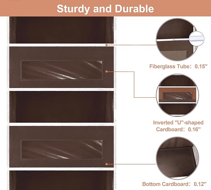 2 Packs 5-Tier Over the Door Storage Organizer with 10 Side Mesh Pockets, 48 lbs Load Capacity, 3 Hooks Design, Hanging Organizer with Clear Windows for Bathroom, Bedroom, Nursery, Kitchen-Brown