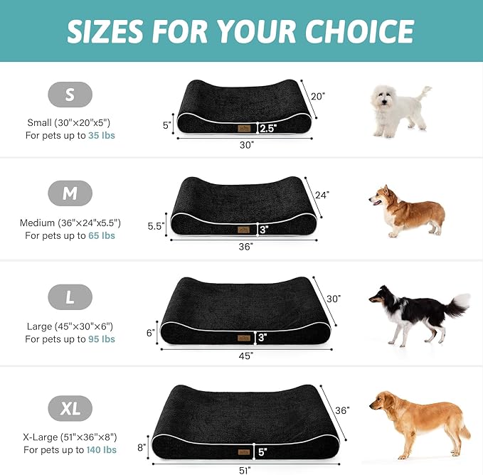 Orthopedic Dog Bed for Large Dogs up to 90 lbs - Removable Washable Cover with Waterproof Lining & Non-Skid Bottom, Cotton-Polyester Blend Boat-Shaped Lounger Mattress, L(45x30x6in), Black