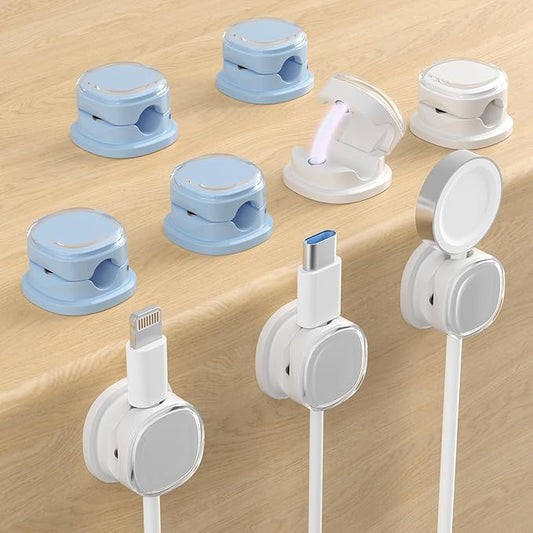 Magnetic Cable Clips, Adjustable Cord Holder Management, Adhesive Wire Keeper Organizer for Home Office Desk Phone PC Car Wall Desktop Nightstand Appliance (9-PCS White & Blue)