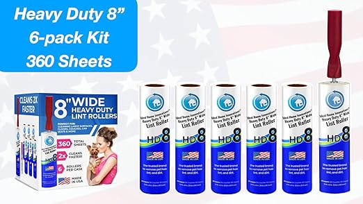 Made in USA – Heavy Duty 8” Wide Lint Roller 6-Pack, Extra Sticky Pet Hair Remover for Clothes, Carpets, Furniture & Car – Dog & Cat Hair Lint Remover with Easy Peel Sheets, Total 360 Sheets