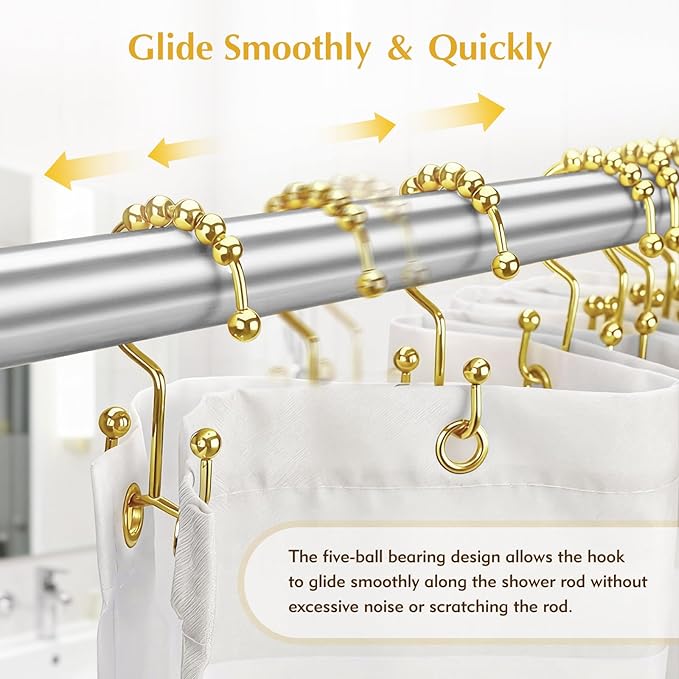 Shower Curtain Hooks Rings - 304 Stainless Steel 100% Rust-Proof Shower Curtain Hooks, Double Hook Glide Shower Hooks Rings for Bathroom Shower Rods Curtains, Set of 12 Pieces