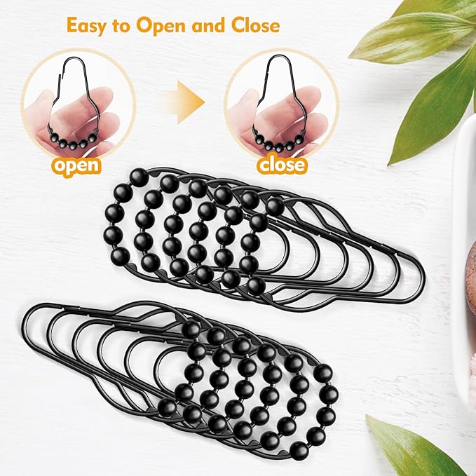 12PCS Shower Curtain Hooks, Shower Curtain Rings Black Rust Proof for Bathroom Shower Rods, Metal Shower Hooks Smooth＆Quick Sliding