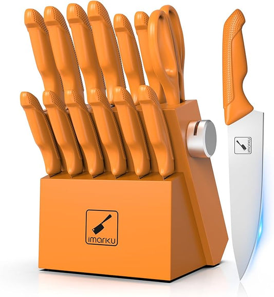imarku® Knife Set, Sharp Block Knife Set with Built-in Sharpener, Japanese Stainless Steel with Non-Slip Ergonomic Handle, Dishwasher Safe, Kitchen Gift for Man Woman, Best For Home gift, Burnt Orange