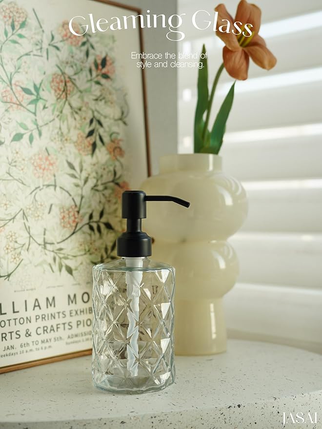 JASAI Diamond Design 12 Oz Glass Soap Dispenser with Black Pump, Small Hand soap Dispenser with Rust Proof Pump, Bathroom Soap Dispenser for Hand Soap, Soap, Lotion(Black).