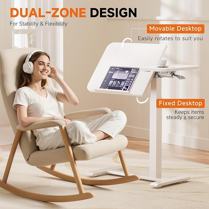 COMHOMA Tiltable Mobile Small Standing Desk, Pneumatic Adjustable Height Overbed Bedside Table with Wheels, Sit Stand Portable Rolling Laptop Desk Computer Workstations, White