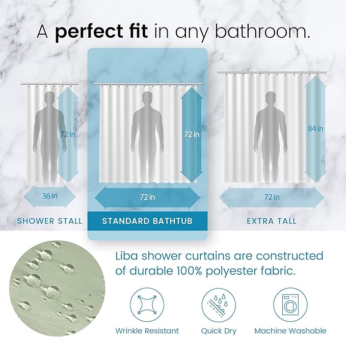LiBa Green Shower Curtain, Fabric, Water Repellent Shower Curtain, Decorative Bathroom Curtains, 72" W x 72" H, Heavy Duty, Easy to Clean(Green)