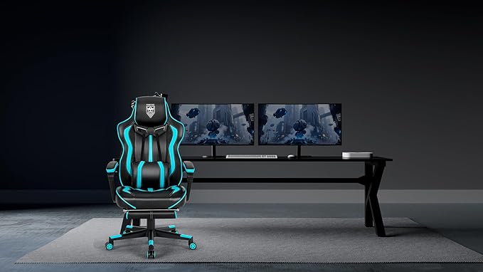 Vonesse Gaming Chairs for Adults, Gaming Chairs with Footrest and Massage, Reclining Computer Chair for Heavy People,Big and Tall Ergonomic Gamer Chair with Lumbar Pillow(Teal/Cyan)