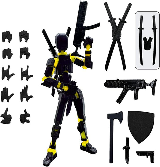 (Assembly Completed) 3D Printed Figure 5.54-inch Dummy13 with Weapon Expansion Set and Bracket, Full Body Mechanical Movable Toy, Desk Decoration. (Black+Yellow)