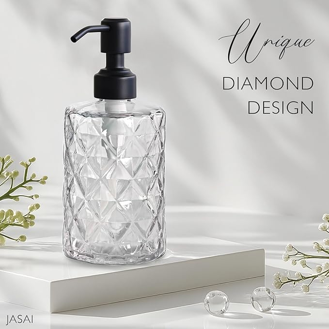 JASAI Diamond Design 12 Oz Glass Soap Dispenser with Black Pump, Small Hand soap Dispenser with Rust Proof Pump, Bathroom Soap Dispenser for Hand Soap, Soap, Lotion(Black).