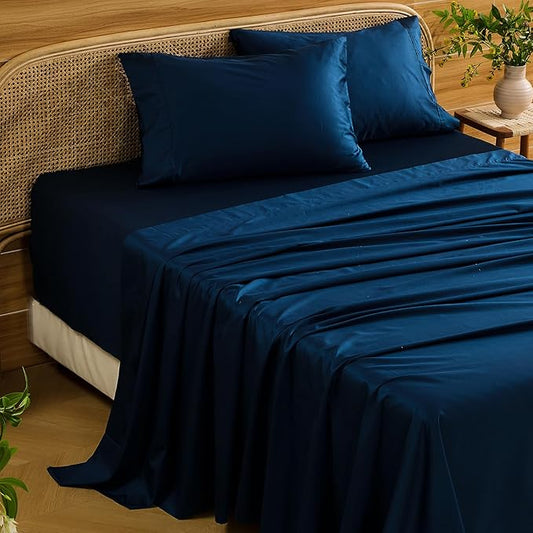 Bedlifes Deep Pocket Sheets 18-24 Inch, Queen Size Egyptian Cotton 1000 Thread Count, 4-Piece - Fits Extra Thick Mattresses, Cooling & Breathable (Navy)