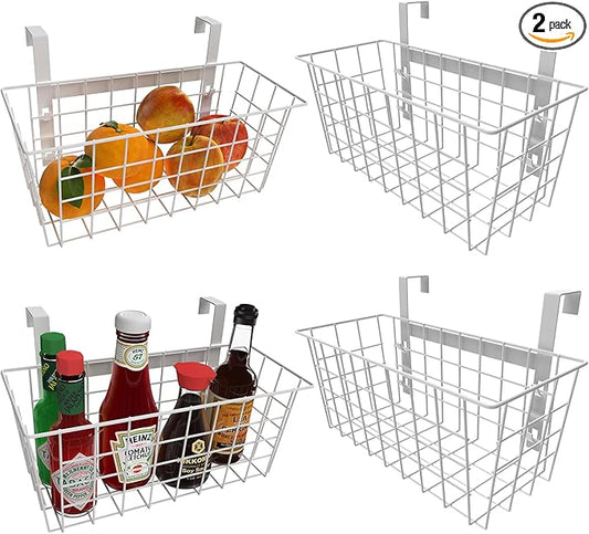MaraFansie Basket with Hook, Grid Storage Basket, Over the Cabinet Door Organizer, Wire Hanging Basket with Hook Over the Door/Railing, Under Sink Kitchen Cabinet, Pantry, Bathroom, White, 4 Pack