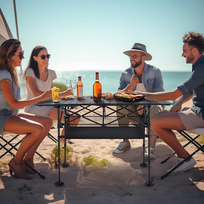 ALPHA CAMP Folding Camping Table, Portable Roll-up Table with Adjustable Height, Large Storage Bag and Carrying Bag, Tall Aluminum Table for Indoor & Outdoor Picnic BBQ Backyards Beach