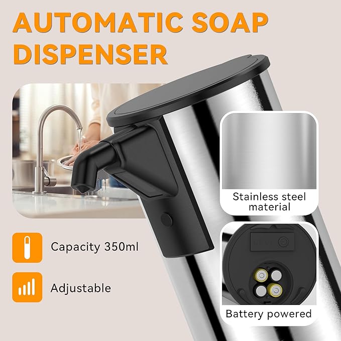 Automatic Soap Dispenser,Stainless Steel Material, Rechargeable Touchless Hand Sanitizer Pump,4 Adjustable Levels Smart Electric Dispenser,Suitable for Bathroom,Kitchen (Battery Silver)