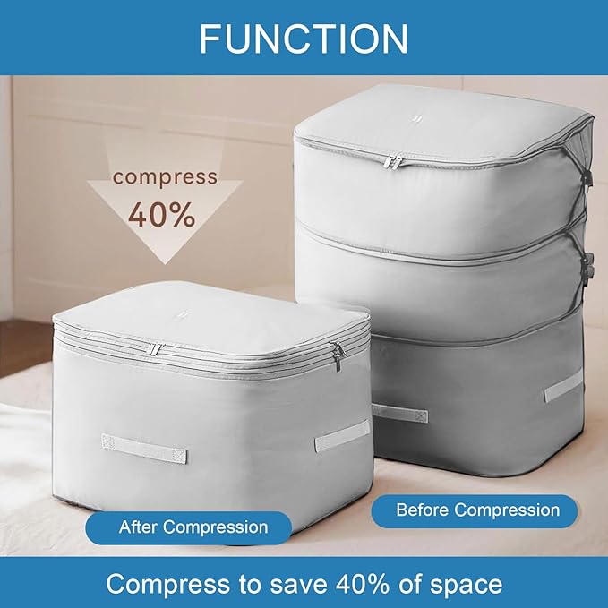 1PC Comforter Storage Bag, 2-Layer Zipper Blanket Storage Bags, Ultra Space Saving Self Compression Storage Bag for Comforters, Clothes, Pillows, Duvet and Bedding Sets (Grey, Large)