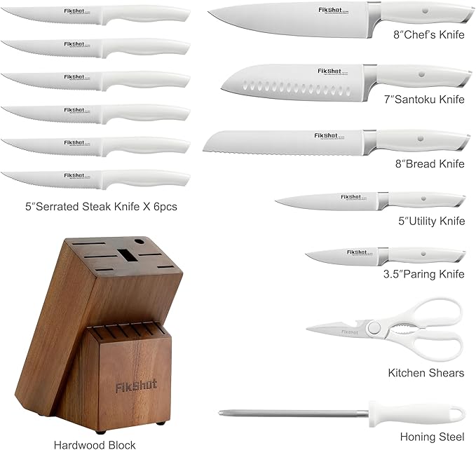Knife set, Fikshot 14-Piece White knife set with Block, Elegant White Kitchen Knife Set for Ladies, Stainless Steel Knife Set with Sharpener, Dishwasher Safe (WHITE)