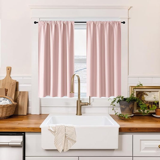 RYB HOME 100% Blackout Short Curtains for Small Window, Thermal Insulated Total Room Darkening Noise Reducing Curtains for Kitchen Bathroom Basement, 34 inches Wide by 45 inches Long, Baby Pink