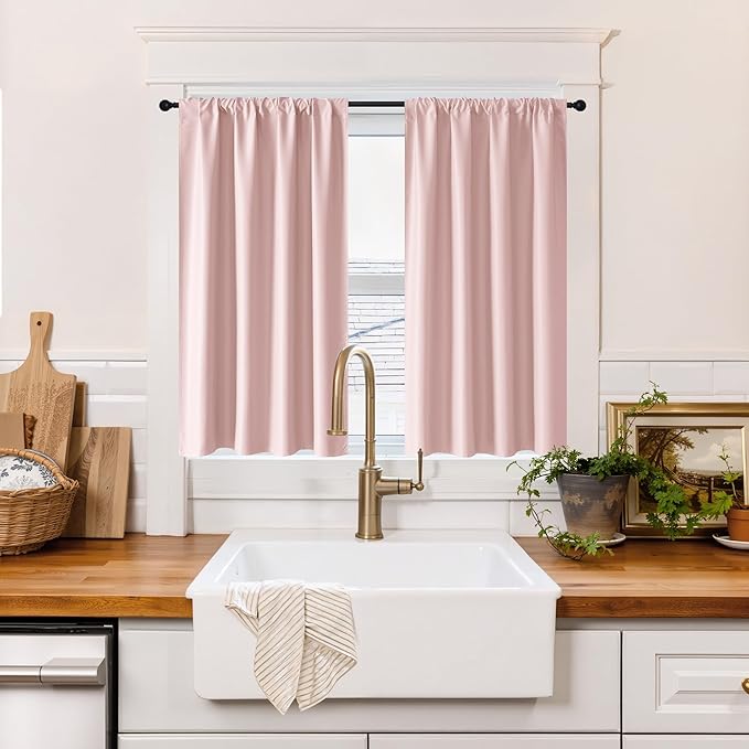 RYB HOME 100% Blackout Short Curtains for Small Window, Thermal Insulated Total Room Darkening Noise Reducing Curtains for Basement Bathroom RV Cars, 29 inches Wide by 36 inches Long, Baby Pink
