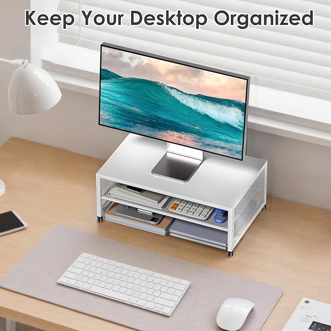 Desk Organizers and Accessories, 2-Tier Metal Computer Monitor Stand Riser, Desk Organizer for Monitor, Printer & Laptop Stand, Desktop Workspace Organizers for Office Supplies(White)
