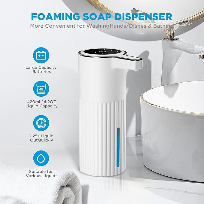 Automatic Soap Dispenser Foaming Touchless:14.2oz White Plastic - Rechargeable Electric Smart 4 Level Adjustable Auto Hand Soap Dispenser - Dish Bathroom Kitchen