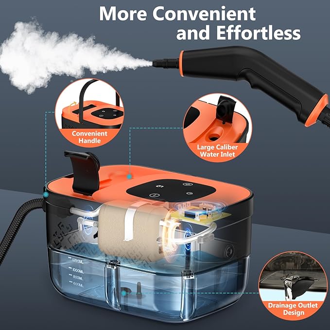 Steam Cleaner, Portable Steamer for Cleaning with 15pcs Accessories, 6-Level Adjustable, 15s Heat-Up, Handheld Steam Cleaner for Home for Tile, Grease, Dirt, Grout, Car Detailing, Orange
