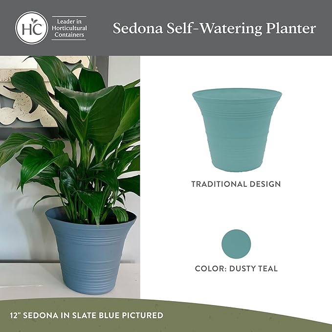 The HC Companies 12 Inch Sedona Round Self Watering Planter Pots, Lightweight UV-Resistant Plastic Outdoor Planters, 2-Pack Flower Pots for Garden & Home Decor, Dusty Teal