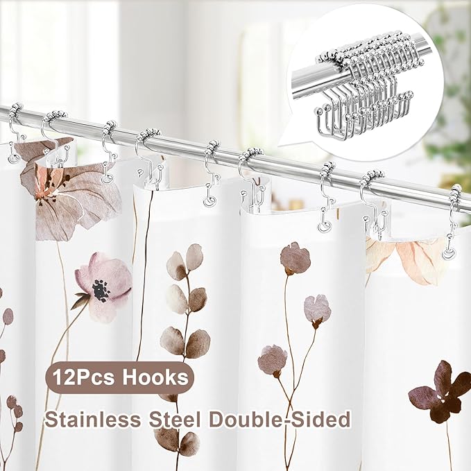 Gibelle 3 in 1 Shower Curtain Set, Brown Watercolor Floral Bath Curtain and PEVA Liner Set with 12 Double Sided Steel Hooks, Waterproof Fabric Bathroom Curtain 72x72