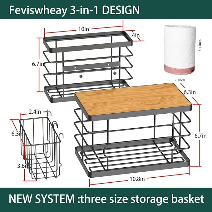 Trash Bag Dispenser Holder Under Sink, 3-in-1 Metal Garbage Bag Holder & Organizer with Bamboo Lid, Large Trash Bag Storage for Kitchen Cabinet, Pantry, Laundry Room Organization