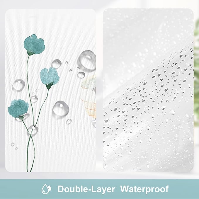 Gibelle 3 in 1 Shower Curtain Set, Teal Watercolor Floral Bath Curtain and PEVA Liner Set with 12 Double Sided Steel Hooks, Waterproof Fabric Bathroom Curtain 72x72