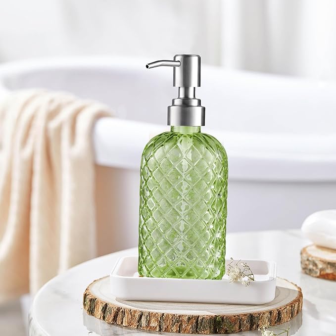 14 Oz Refillable Glass Soap Dispenser with Rust Proof Stainless Steel Pump, for Dispense Hand soap, Body wash, Lotion (Green)