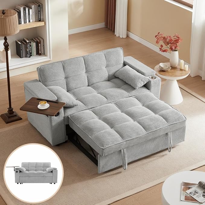 65'' Convertible Sleeper Sofa Bed with Adjustable Backrest, Chaise Lounge, Side Table & USB/Type-C Ports – Stylish & Functional Addition to Any Living Room (Fashion Light Grey)