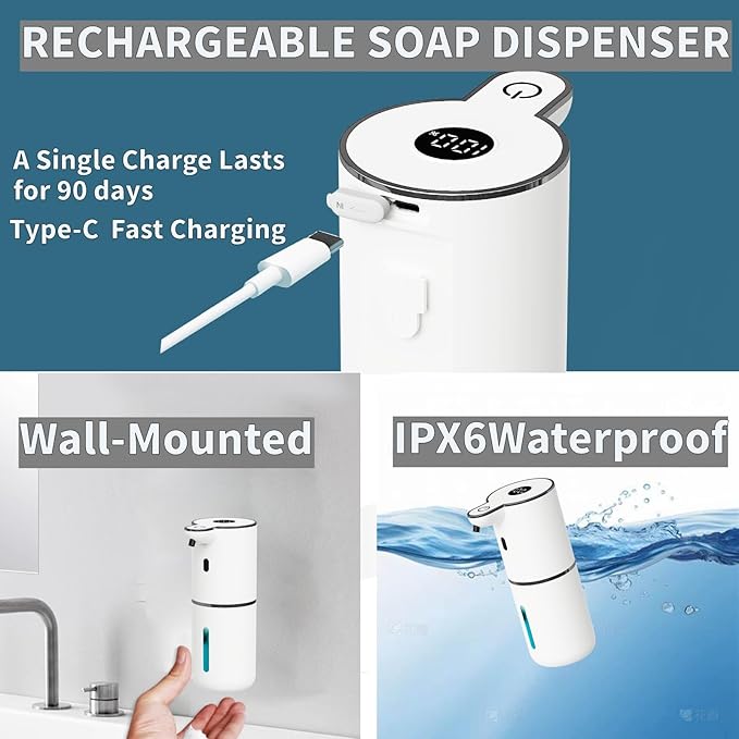 Automatic Soap Dispenser Touchless, Foaming Soap Dispenser 6 Adjustable Level Hands Free USB Rechargeable Dispenser Electric Wall Mounted Dish Dispenser Kitchen Bathroom