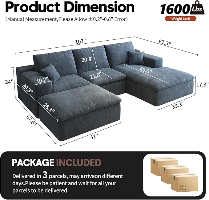107'' U-Shaped Modern Modular Sectional Cloud Couch Whit Ottoman, 4-Seat Chenille Deep-Seat Sofa with Pillow for Living Room, Bedroom, Apartment, Ocean Blue