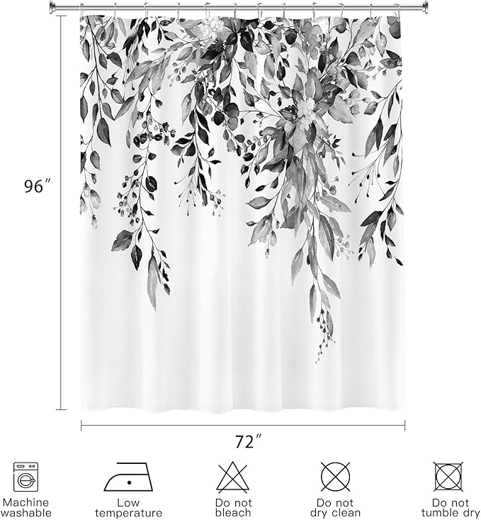Extra Long Eucalyptus Shower Curtain 72 x 96 Inch, Black and White Botanical Floor to Ceiling X-Long Shower Curtain, Watercolor Plant Leaves with Floral Decorative Bathroom Curtain with Hooks