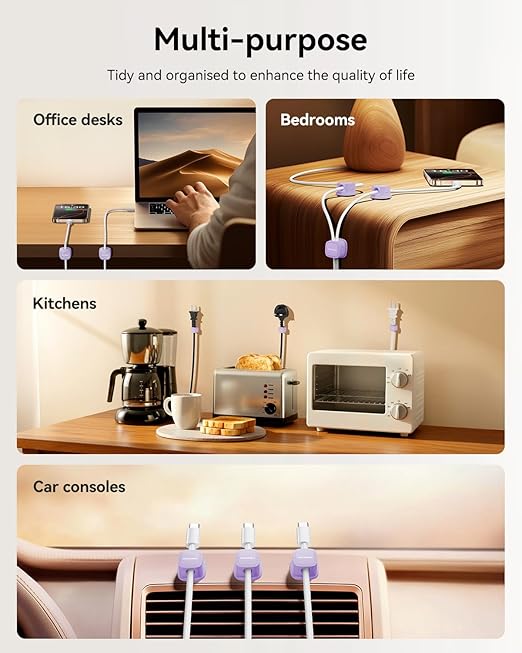 6 Pack Cable Management Cord Organizer, Magnetic Cable Clips-1s Lock, Rocoren Desk Adhesive Cord Cable Clip Wire Holder Keeper for Phone Charger Wire, Nightstand, Car, Office, Desktop Accessory,Purple