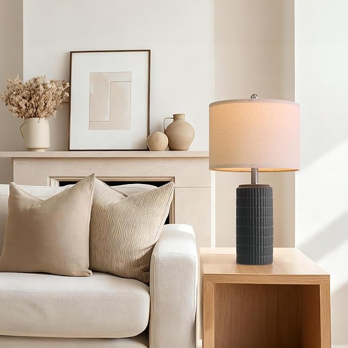 PoKat 23" Matte-Textured Ceramic Table Lamps Set of 2 for Bedroom, Stone-Like Modern Bedside Lamps for Night Stands, Farmhouse Nightstand Table Lamps Decor for Living Room End Table Black