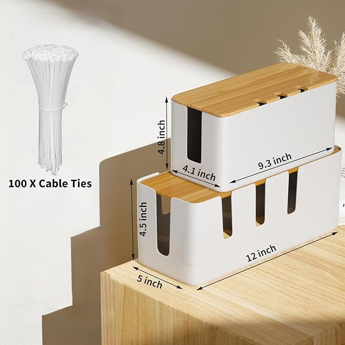 Cable Management Box-2 Pack Cable Organizer Box with 100PCS Cable Ties Set,Wood Lid,Cord Organizer for Desk,TV Wires,Computer USB Hub System to Cover and Hide & Power Strips & Cords for Home & Office