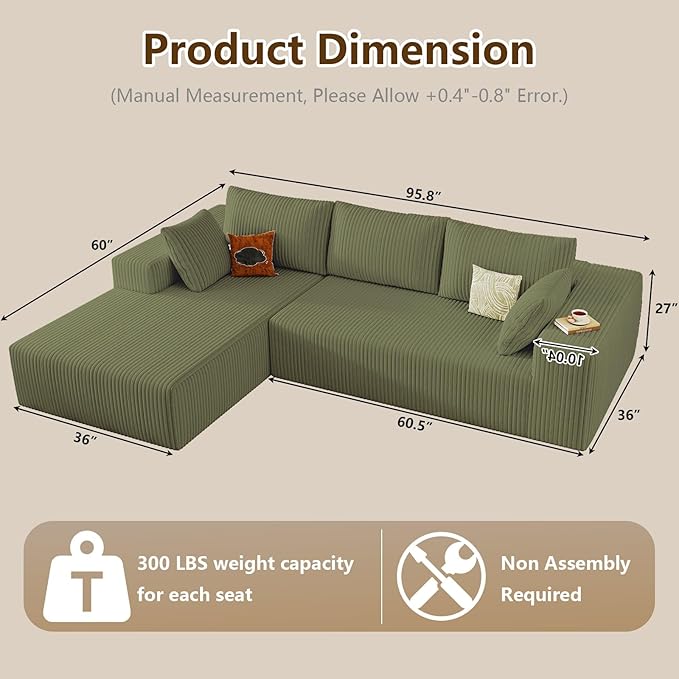 96" Modular Sectional Couch, Boneless L Shaped Cloud Sofa with Chaise Lounge, Corduroy Upholstered Couches Memory Foam Deep Seat, No Assembly Required, Ideal for Living Room(Green, Left Facing)