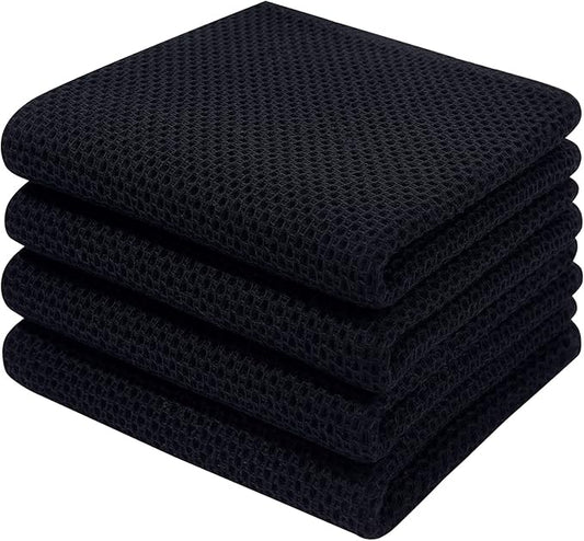 Homaxy 100% Cotton Waffle Weave Kitchen Dish Towels, Ultra Soft Absorbent Quick Drying Cleaning Towel, 13 x 28 Inches, 4-Pack, Black
