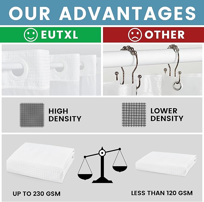 White Stall No Hook Shower Curtain with Snap in Liner,230GSM Waffle Weave Shower Curtains for Bathroom,54W x 80H