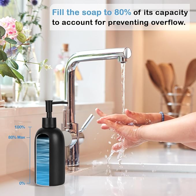 Natheeph 14OZ Ceramic Soap Dispenser Ceramic Soap Pump Dispenser Can Fill Liquid for Bathroom/Kitchen (2PC Black)