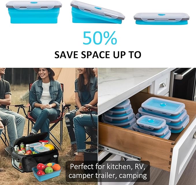 Collapsible Food Storage Containers with Lids 10 Pack(81oz/58oz Extra Large Included), 6 Rectangular+4 Round, Annaklin Silicone Collapsible Food Containers Sets Microwave Freezer Dishwasher Safe, Blue