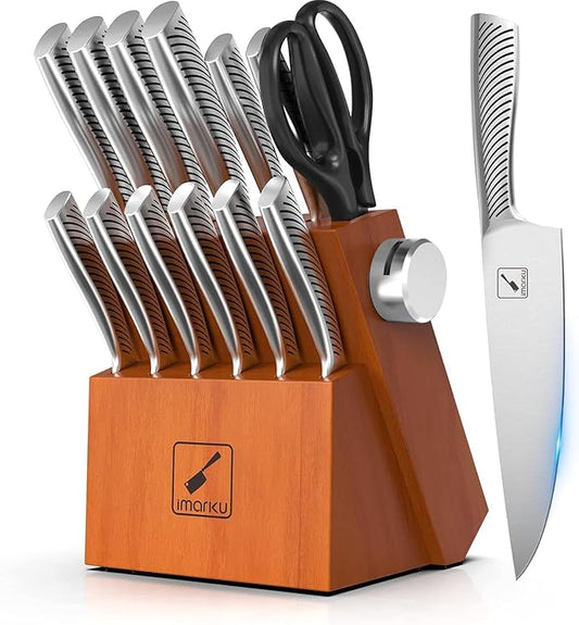 imarku Kitchen Knife Set, 15 Piece Premium Knife Block Set, Dishwasher Safe Knives Set for Kitchen, Razor Sharp Japanese Knife Set with Built-in Sharpener, Ergonomic Handle, Brown